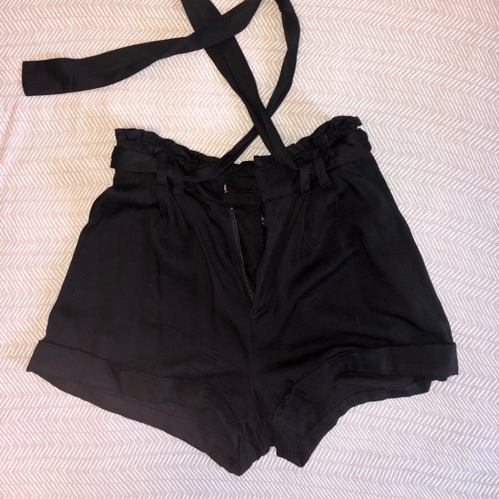 Black Paper-Bag Belted Shorts